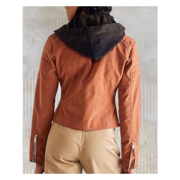 Free People We The Free Harriet Hooded Vegan Leather Moto Jacket Chocolate XS - Picture 2 of 14